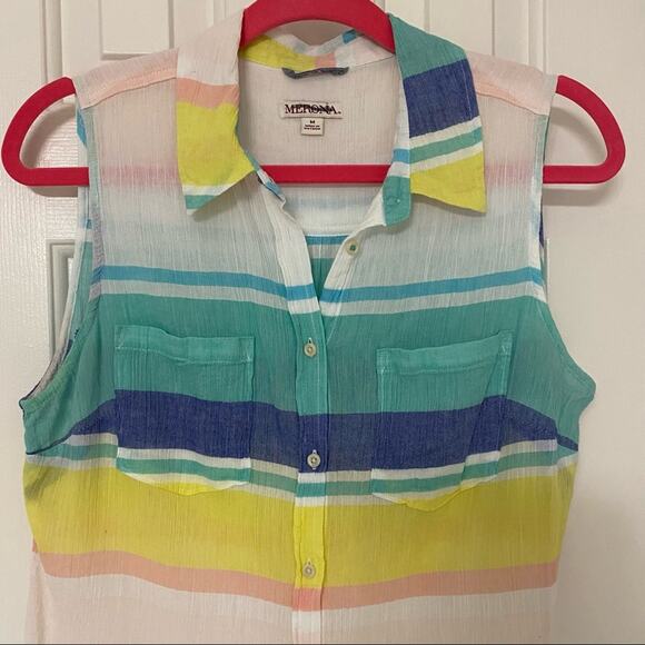 MERONA • Colorful Stripes Cotton Button Down Collared Tank Top - Picture 3 of 7